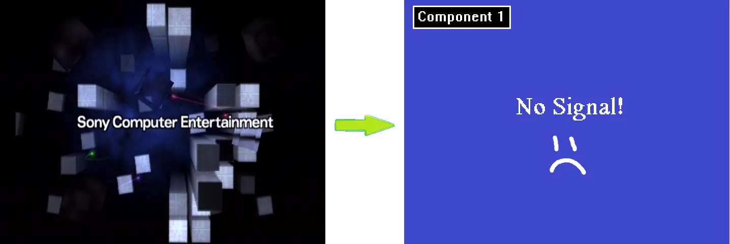 An example of 240p incompatibility: PlayStation 1 game launching on a PlayStation 2 connected with YPbPr component cables.