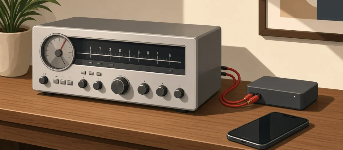 Illustration of a silver vintage stereo receiver connected by red and white RCA cables to a small black Bluetooth receiver, with a smartphone