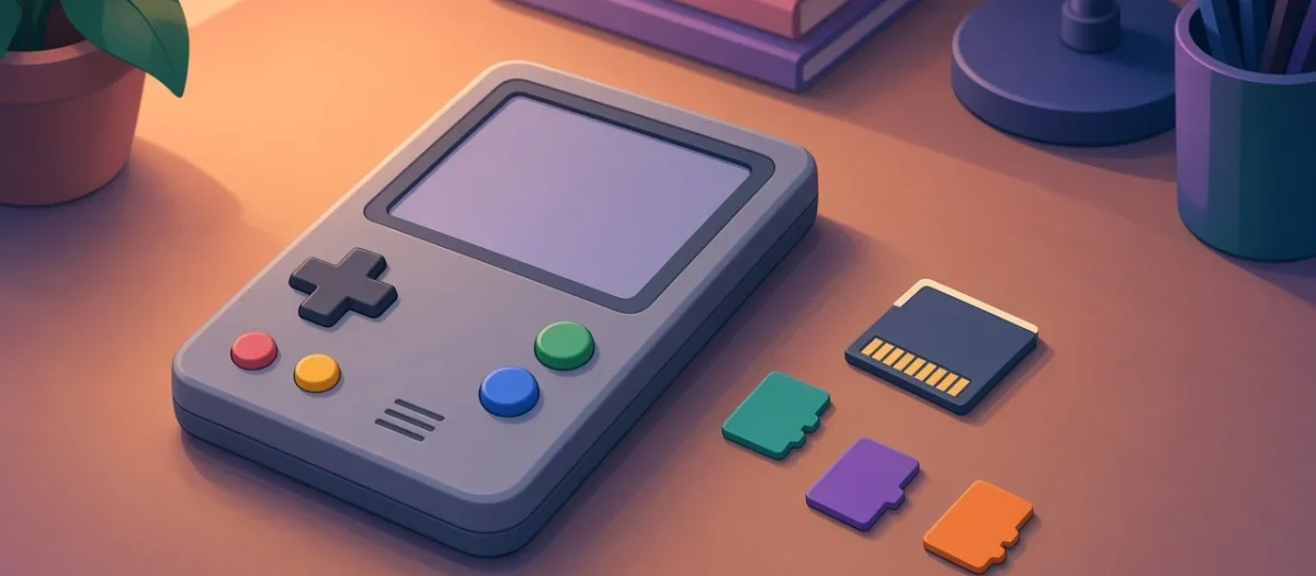 Illustration of a grey handheld games console beside a full-size SD card and three colourful microSD cards