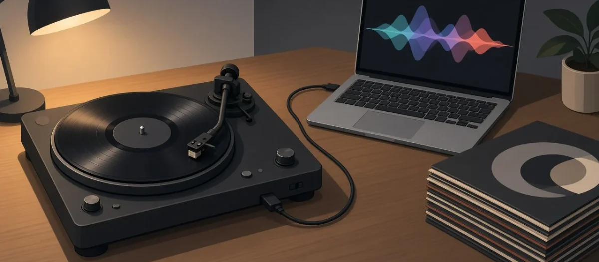 Illustration of a black turntable connected by USB cable to a laptop showing an audio waveform, beside a stack of records