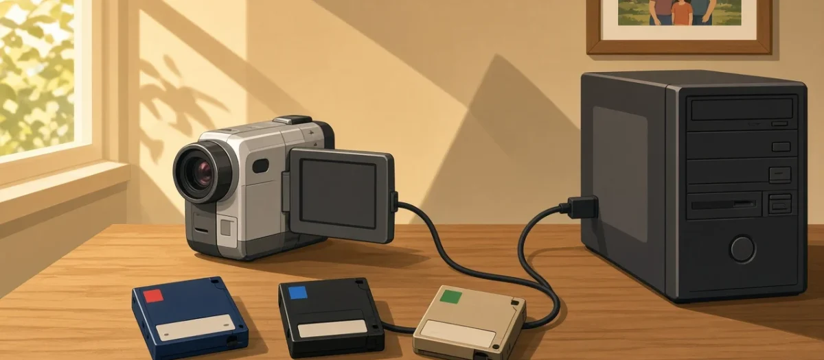 Illustration of a camcorder cabled to a desktop computer tower, with small video tape cassettes on a wooden desk
