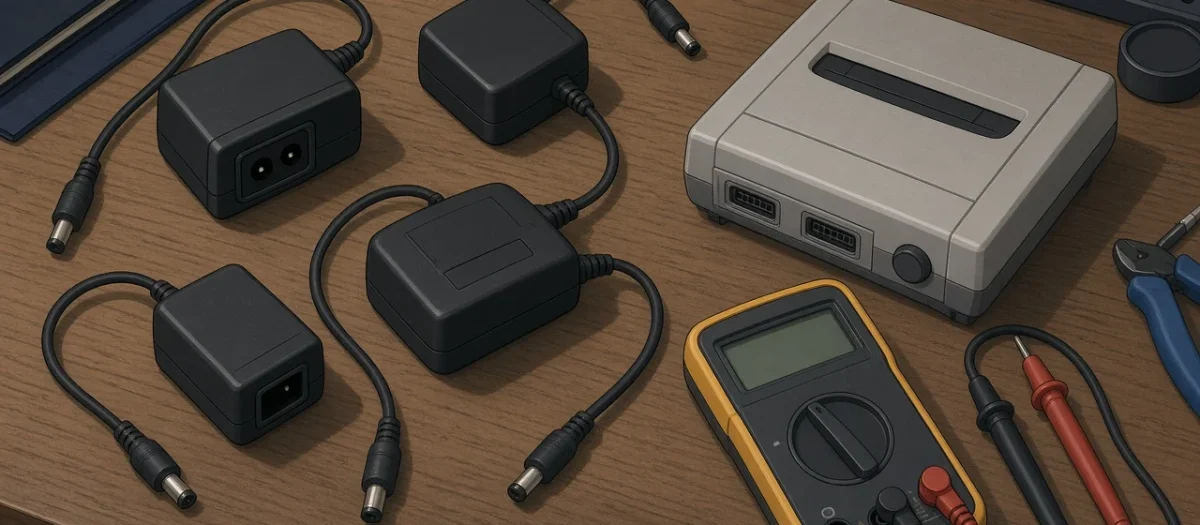 Illustration of several black power adapters with barrel plugs next to a grey retro games console and a multimeter