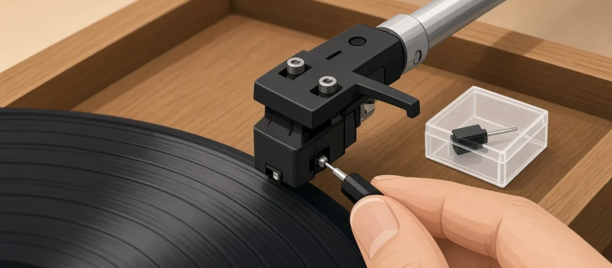 Illustration of a hand fitting a replacement stylus to a black turntable cartridge, with the spare stylus in a clear plastic case